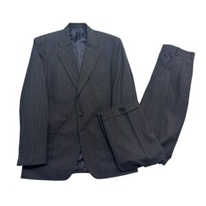 Alexandre London Savile Row 42L 34x32 Black Stripe 2pc Pant Suit Wool Pleated